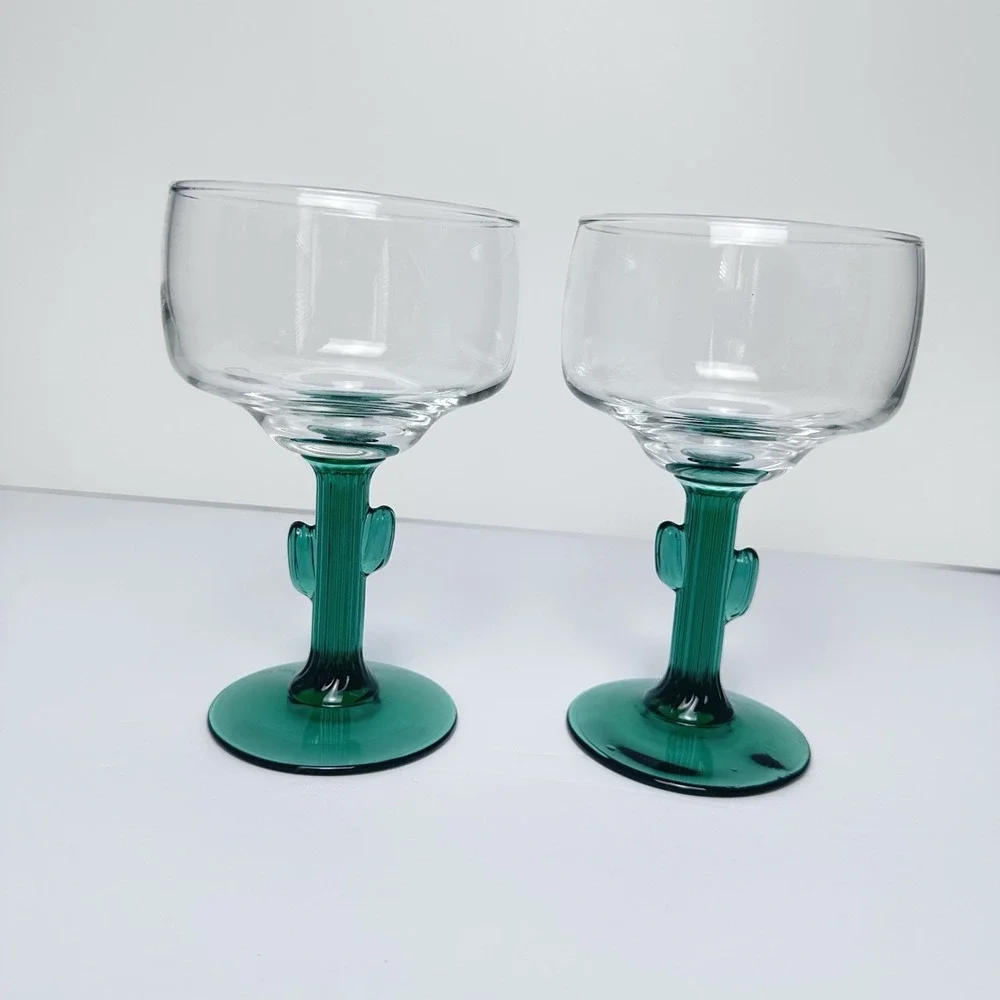 Libbey Cactus Margarita Cocktail Glasses 8 Oz Set Of 2 Green Stem Southwest